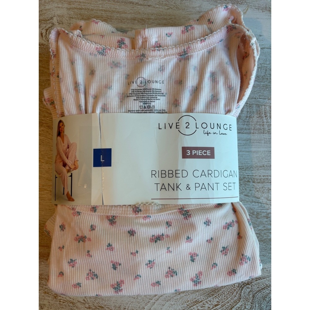 Live 2 Lounge 3 Piece Pajama Set Womens Large Pink Floral Cardigan Tank Pants - Picture 4 of 14